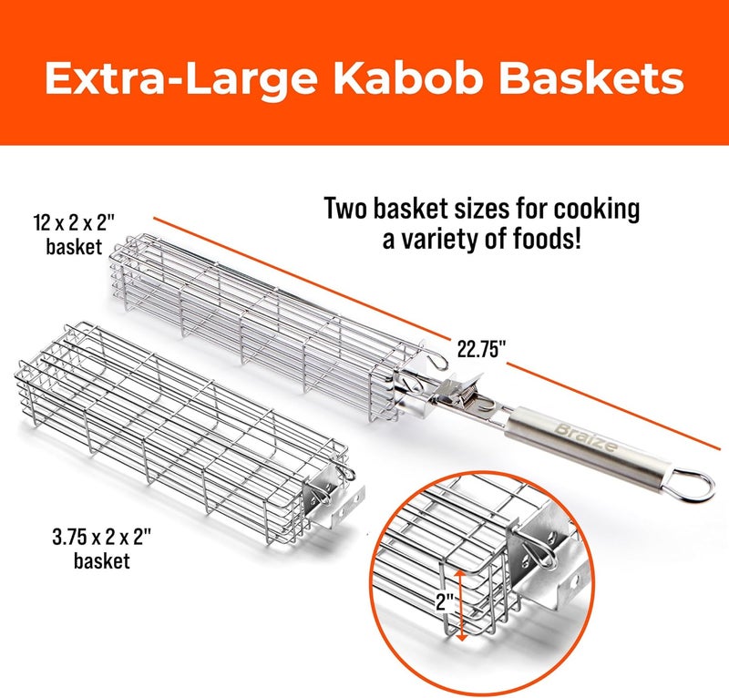 Braize Large Kabob Grilling Basket with Removable Handle. Stainless Steel construction with a Larger Capacity (12 x 2 x 2) and secure easy latch lid. (3-Piece Set – Bag & Sponges Included) - Image 2